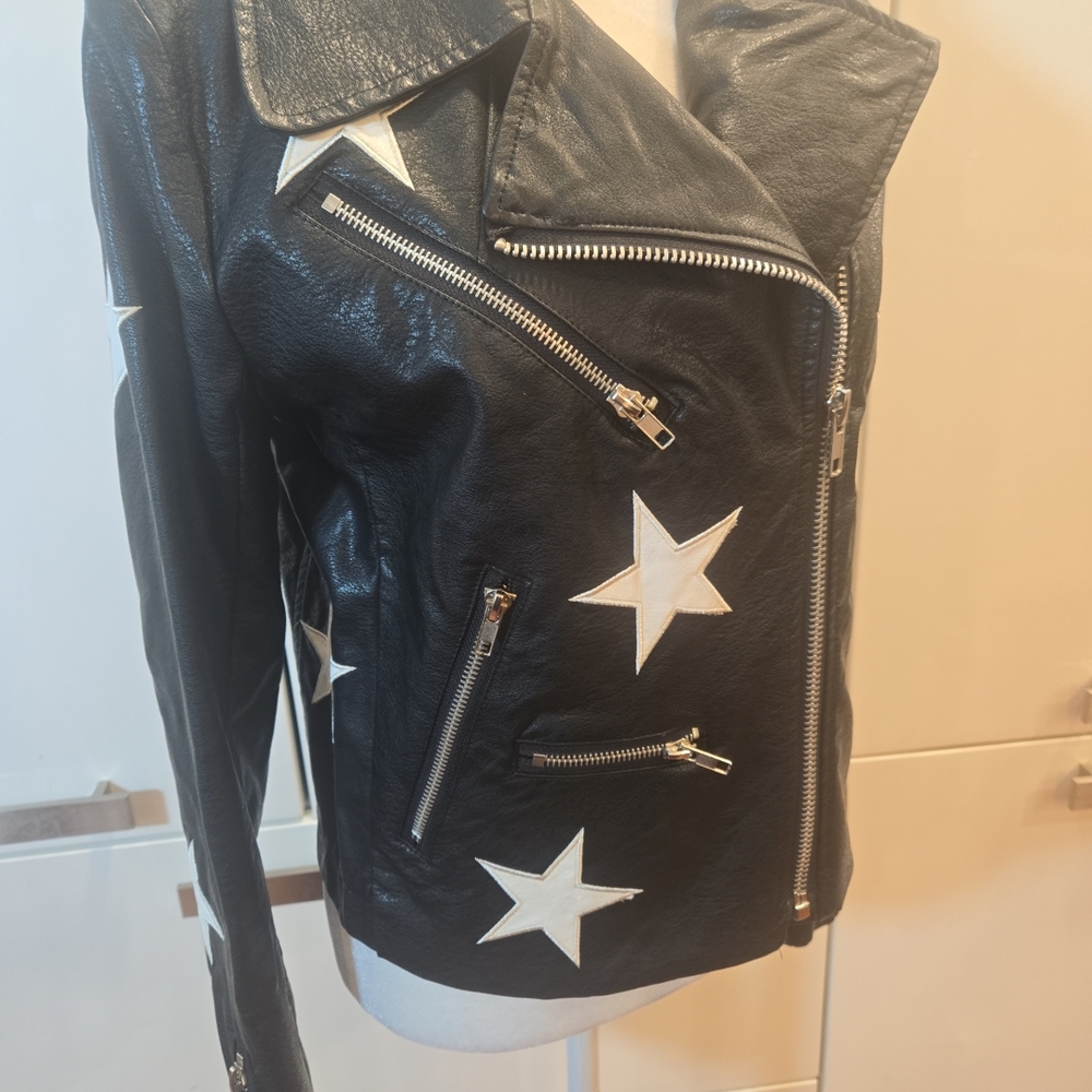 Olivaceous Black Leather Jacket with White Stars - Picture 9 of 13